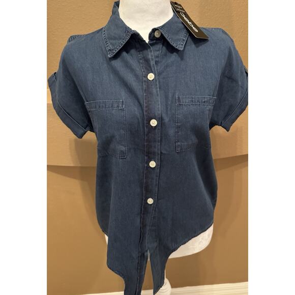 BEBE The Tie Front Denim Shirt - Medium Wash Size L - Picture 1 of 9